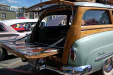 Photo of wood tailgate and chrome trim on a vintage 1951 Buick Super Estate Wagon woody