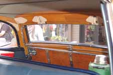Close-up photo of 1951 Buick Super Estate Wagon interior, shows backside of all wood tailgate