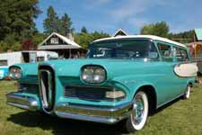 Restored 1958 Edsel Roundup 2 door station wagon with turquoise and white exterior paint scheme