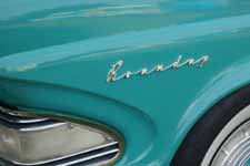 Close-up photo of rare chrome Roundup script on the front fender of a 1958 Edsel Roundup Station Wagon