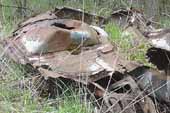 Crumpled and rusty floorpan wreck in vintage salvage yard